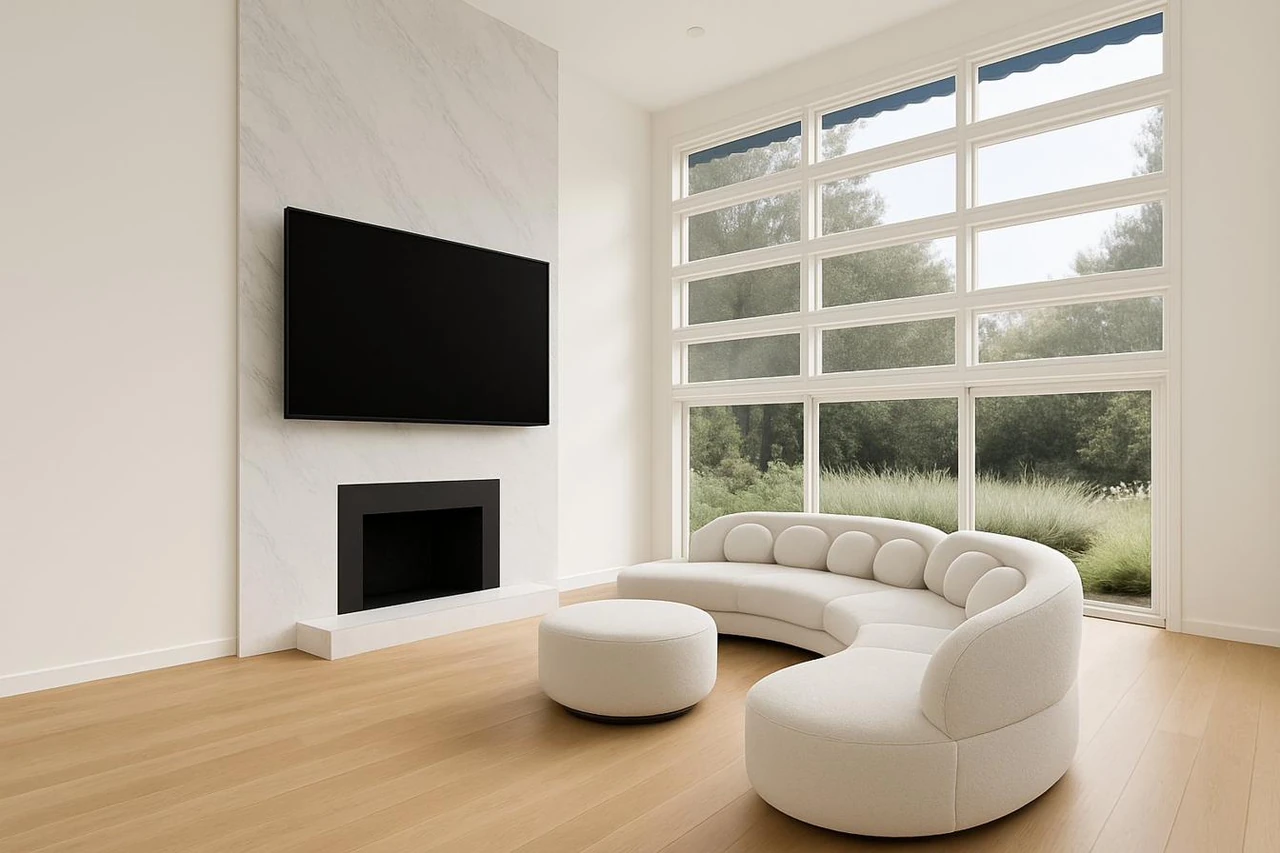 Sun-filled family room with a curved sectional, marble hearth and full-height windows overlooking the gardens.